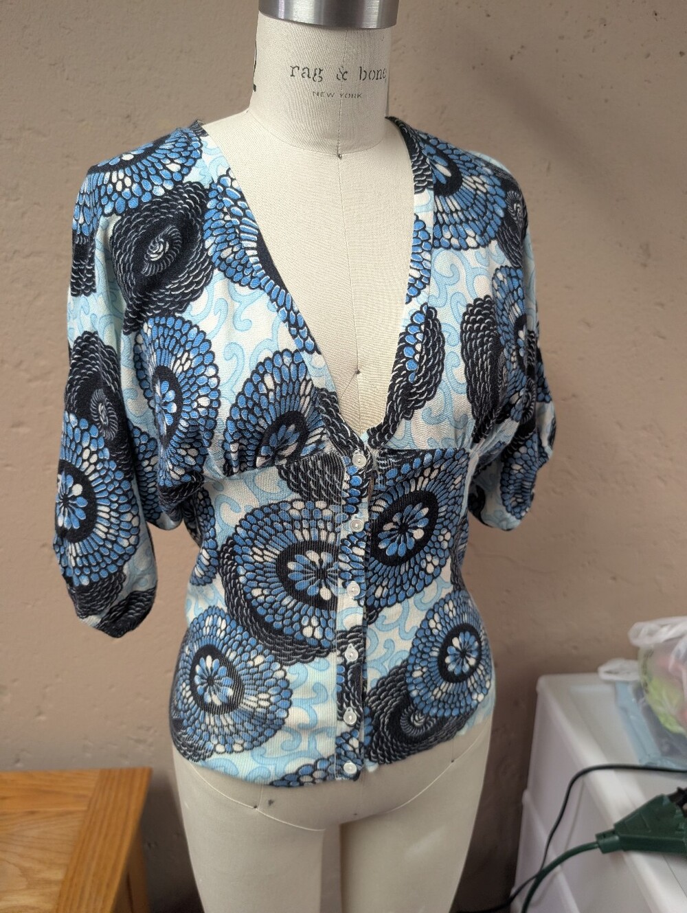 Lucky Brand Blue & Black Floral Button Front Top